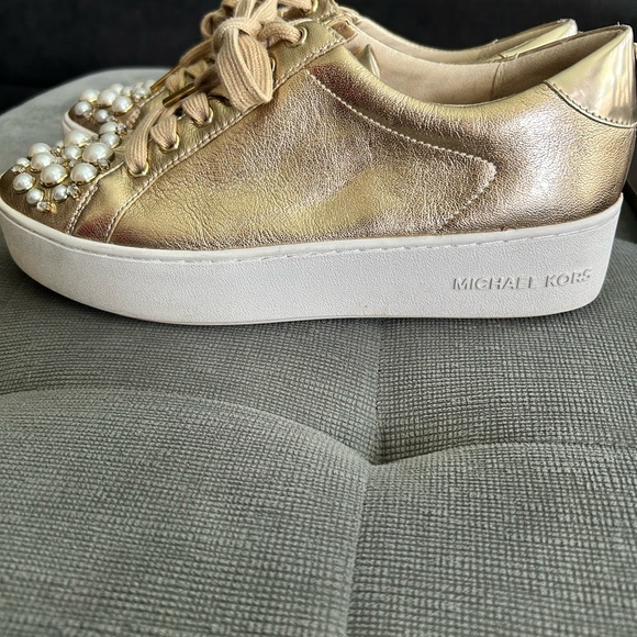 Michael Kors Gold Foil Sneakers 7.5 with Pearls and Rhinestones - Picture 9 of 9